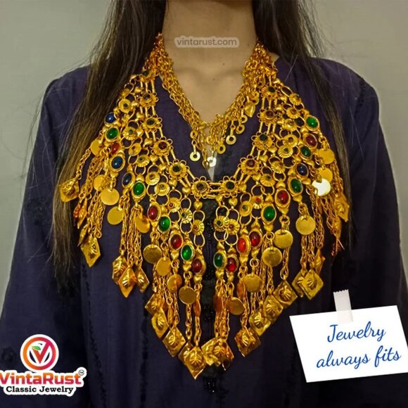 Golden Tone Choker Necklace With Long Dangling Tassels, Afghan Jewelry, Nomadic - Picture 9 of 13